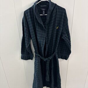 Nautica Sleepwear Large Blue Green Plaid Flannel Robe Pockets Belt 100% Cotton